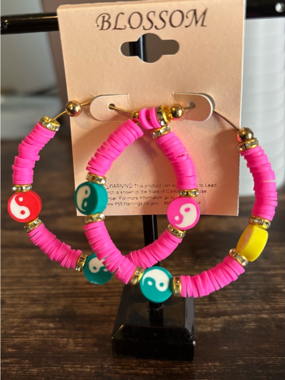 Pink Heishi Bead Boho Hoop Earrings with Multicolor Yin Yang Charms